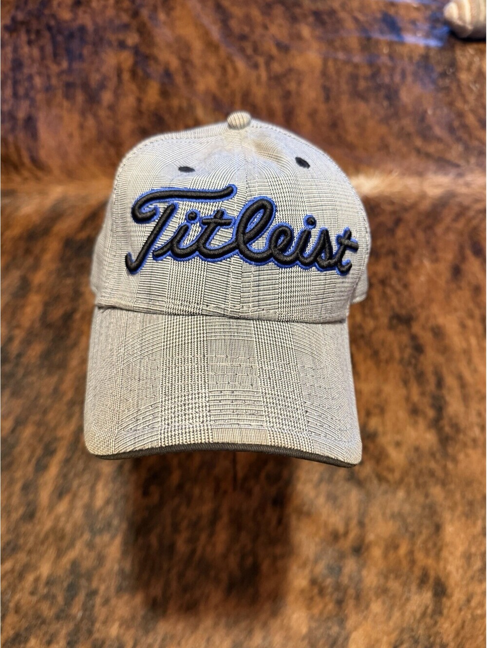 Titleist Golf Hat Mens Grey Black  Plaid Blue Embroidered Logo Strapback Cap